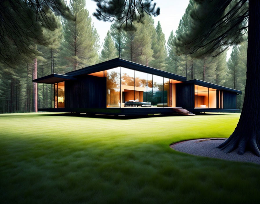 Glass-walled house with flat roof in pine tree clearing