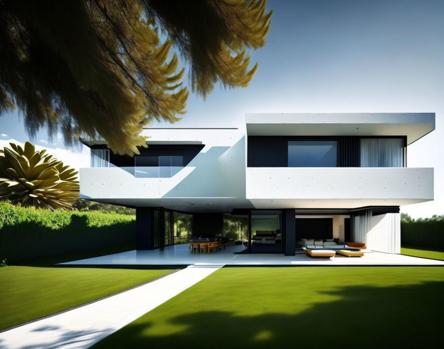 Contemporary two-story house with white walls, large windows, flat roofs, and lush greenery under