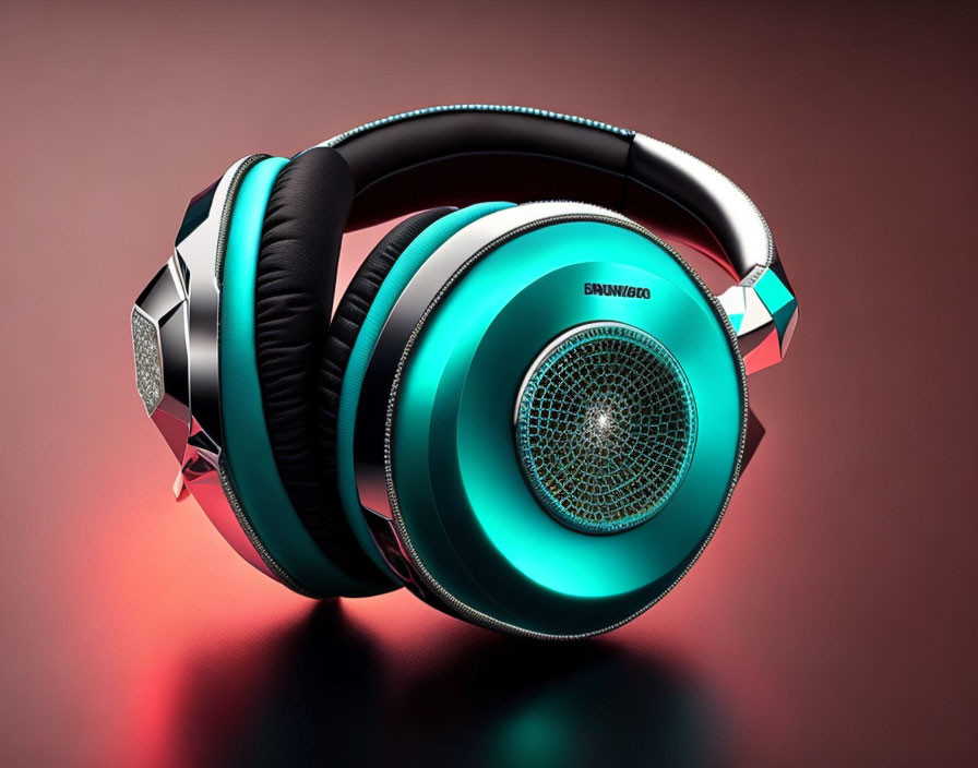 Teal Accent Over-Ear Headphones with Mesh Grilles on Red Gradient Background