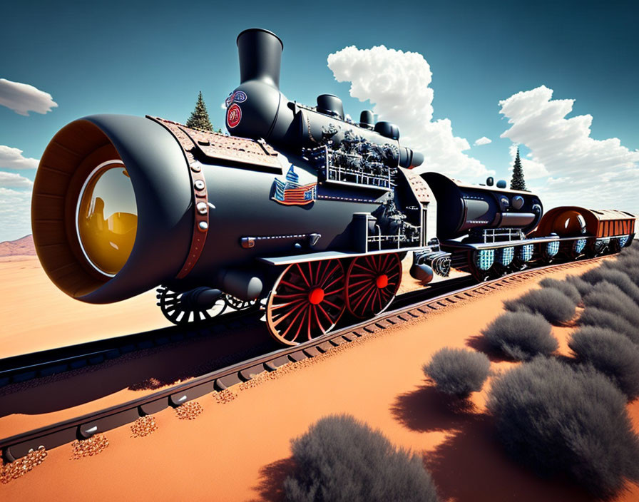 Futuristic steam locomotive on desert tracks with red wheels