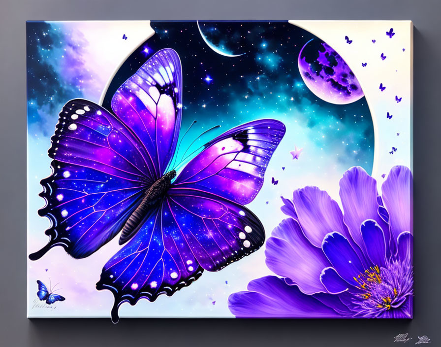 Large Purple Butterfly Painting with Cosmic Patterns and Night Sky