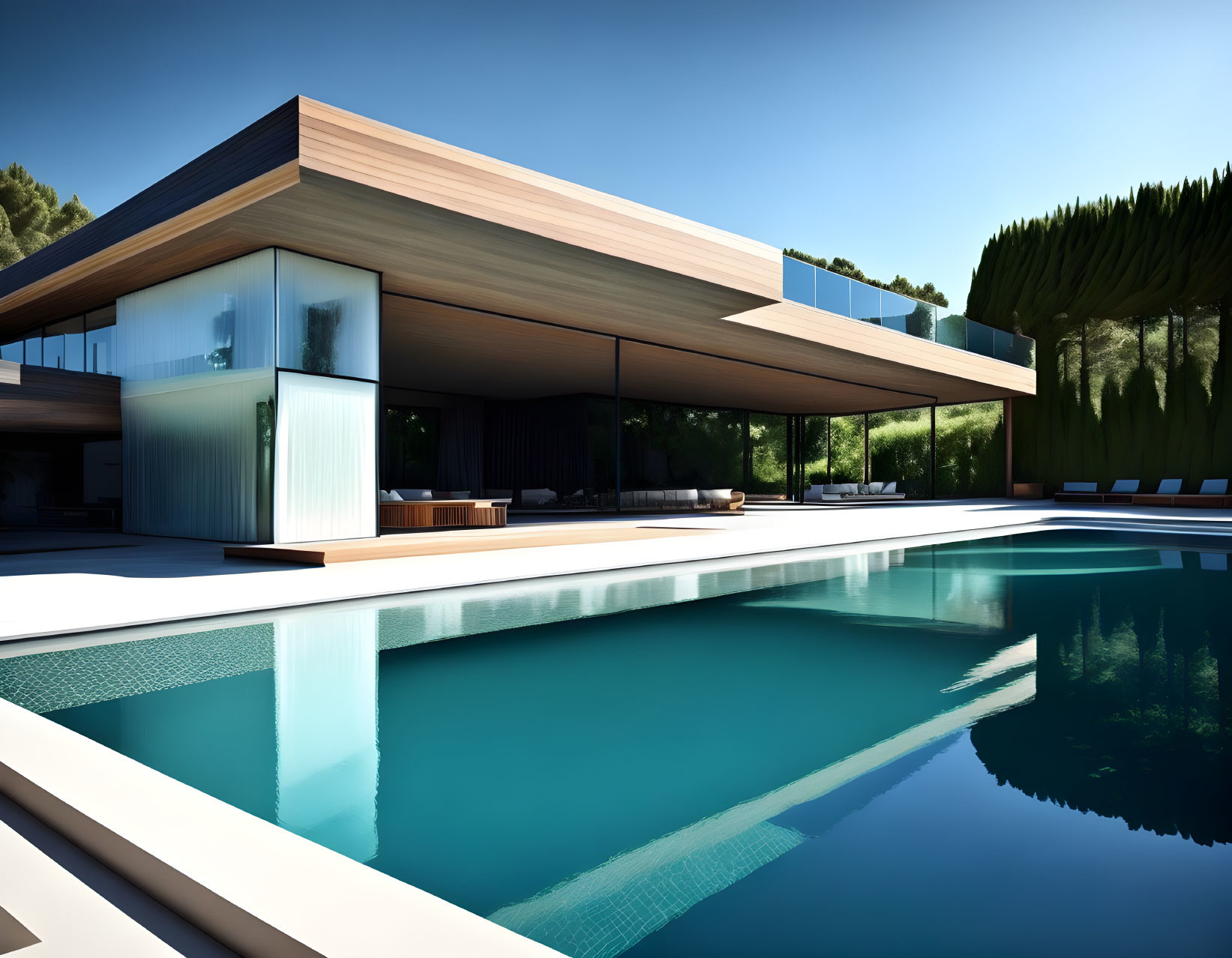 Contemporary Glass-Walled House with Flat Roof and Pool