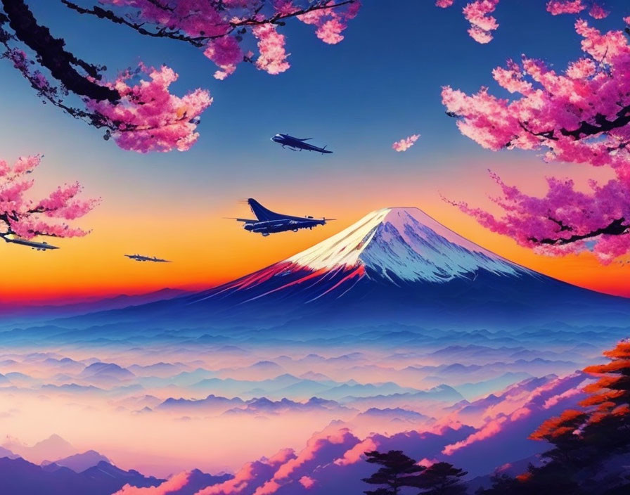 Scenic Sunset View of Mount Fuji with Cherry Blossoms and Misty Mountains