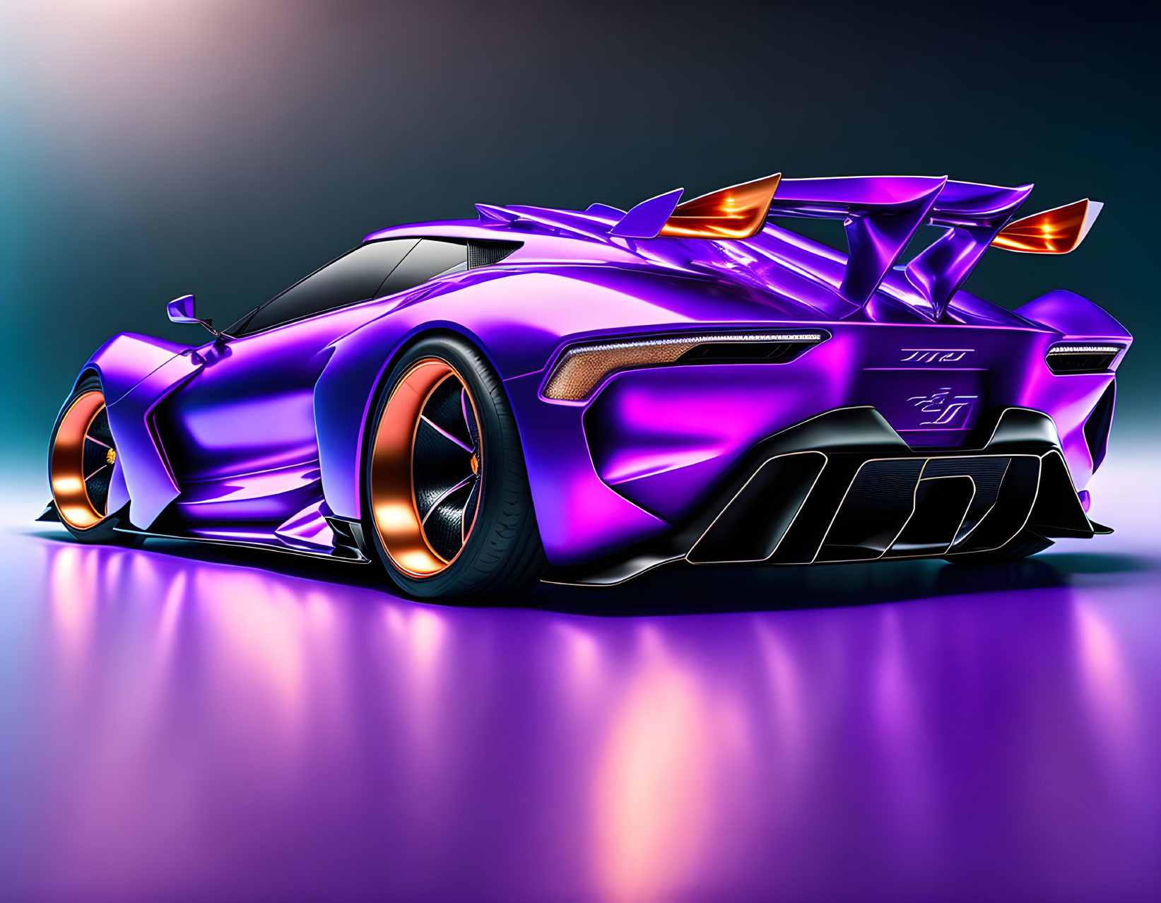 Purple Sports Car with Aggressive Design and Rear Wing on Blue and Pink Gradient Background