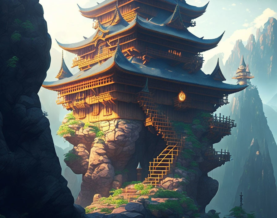 Pagoda on Rock Pillars in Mountain Landscape