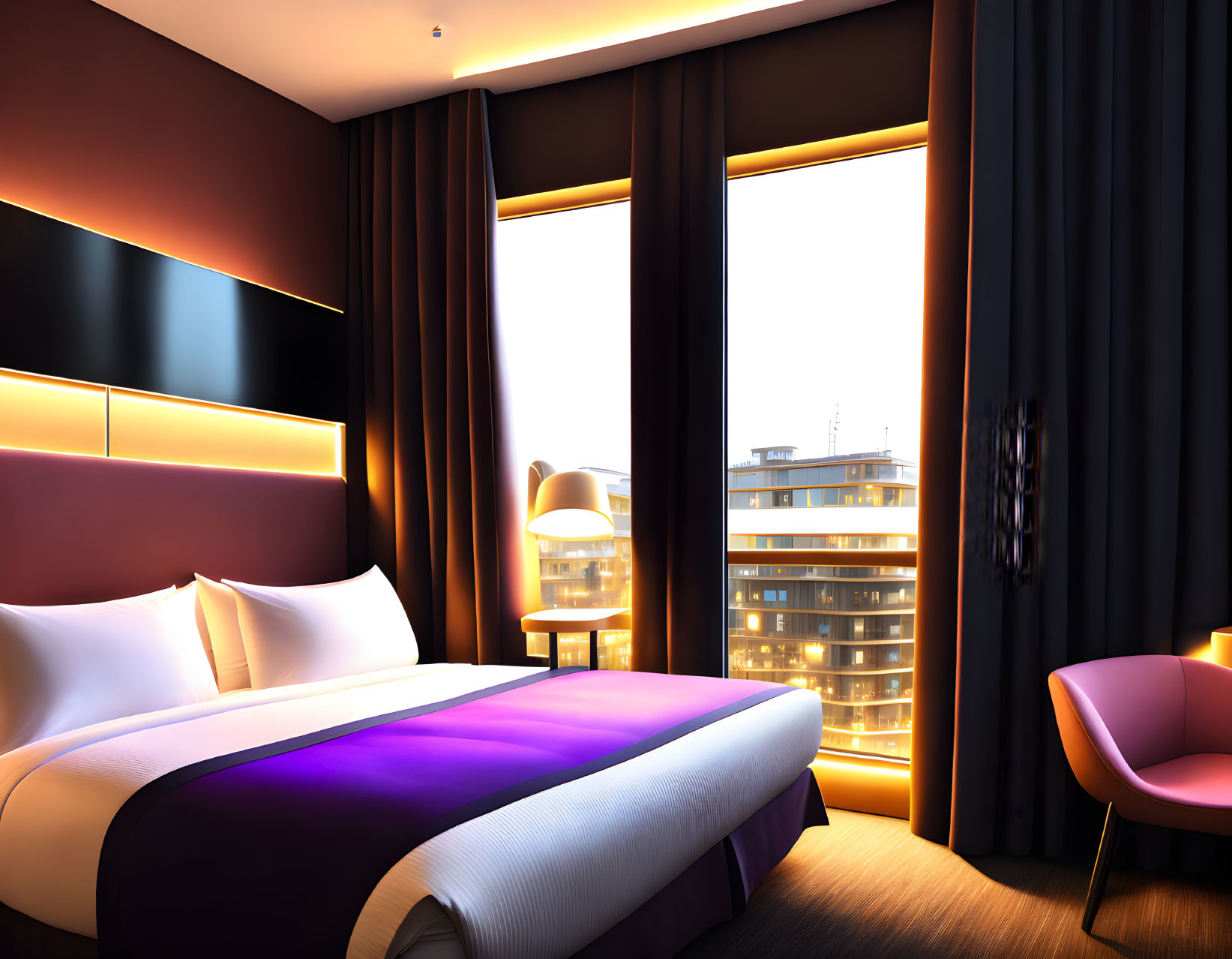 Luxurious hotel room with plush bed, ambient lighting, and city view at dusk