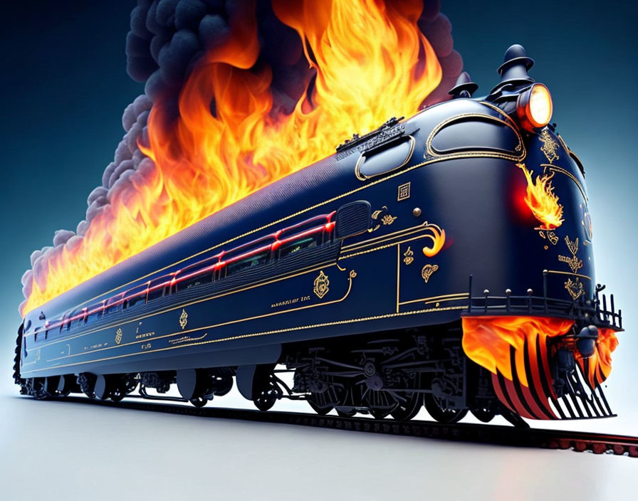 Vintage Blue Steam Locomotive Illustration: Flames and Smoke Motion Theme