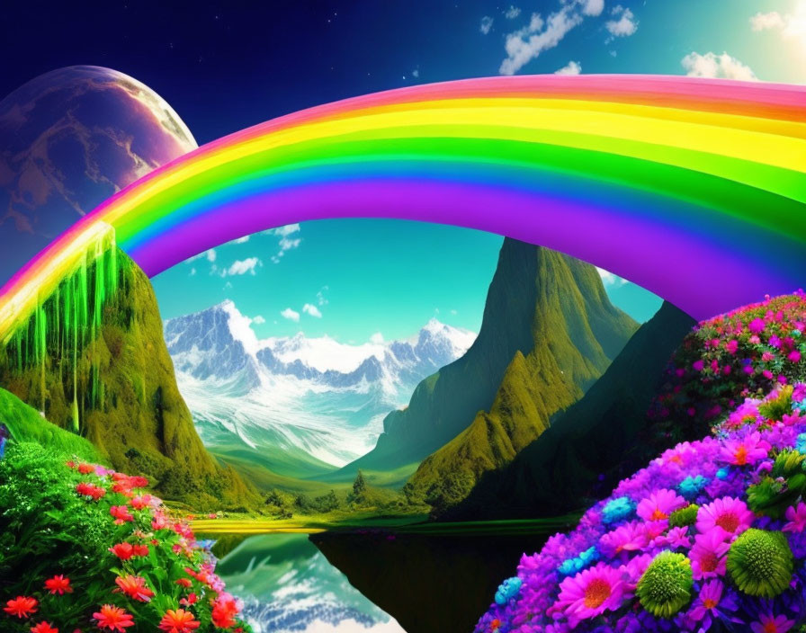 Colorful rainbow over fantasy landscape with flowers, cliffs, and mountains