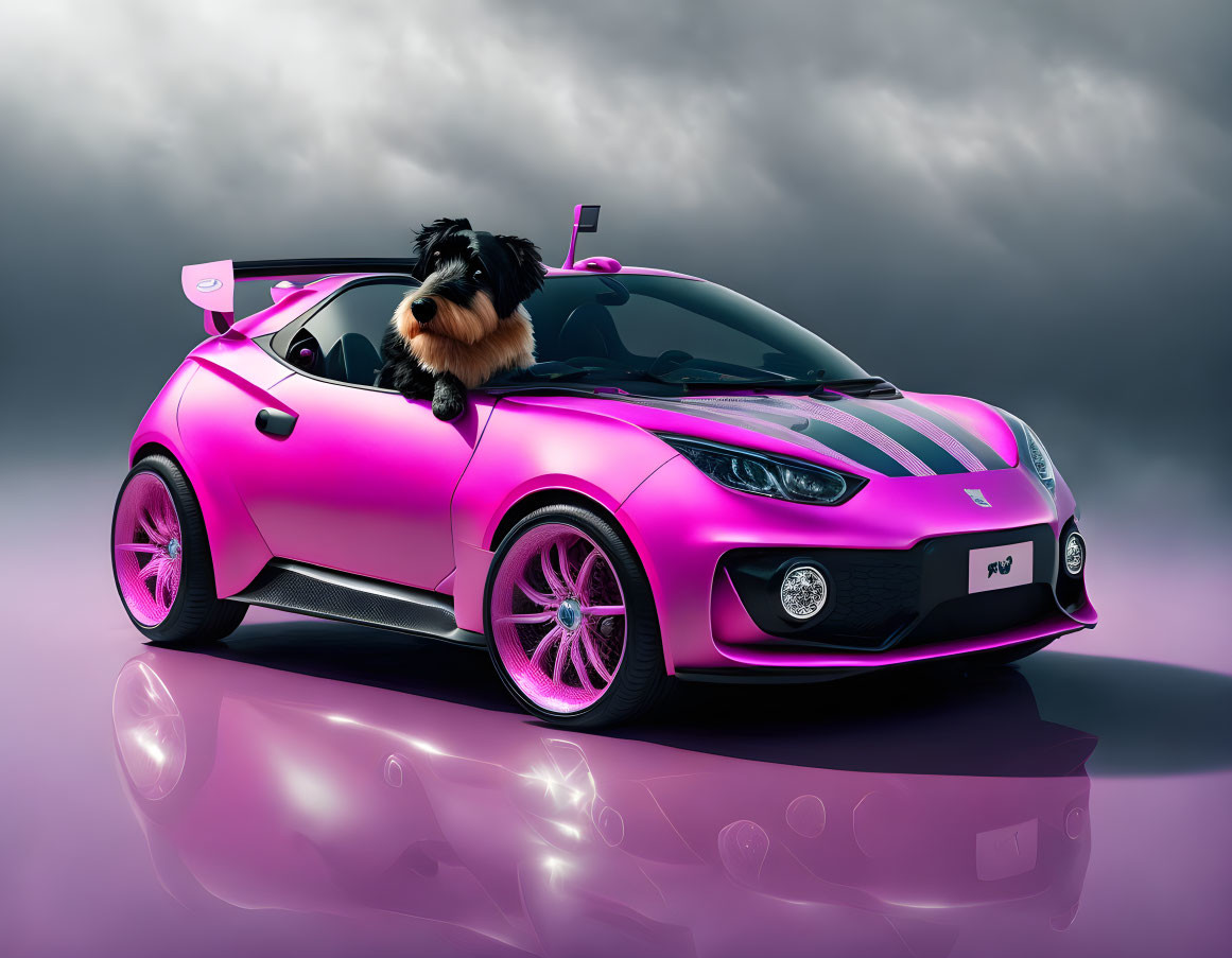 Black and Tan Dog on Pink Sports Car Under Purple Sky