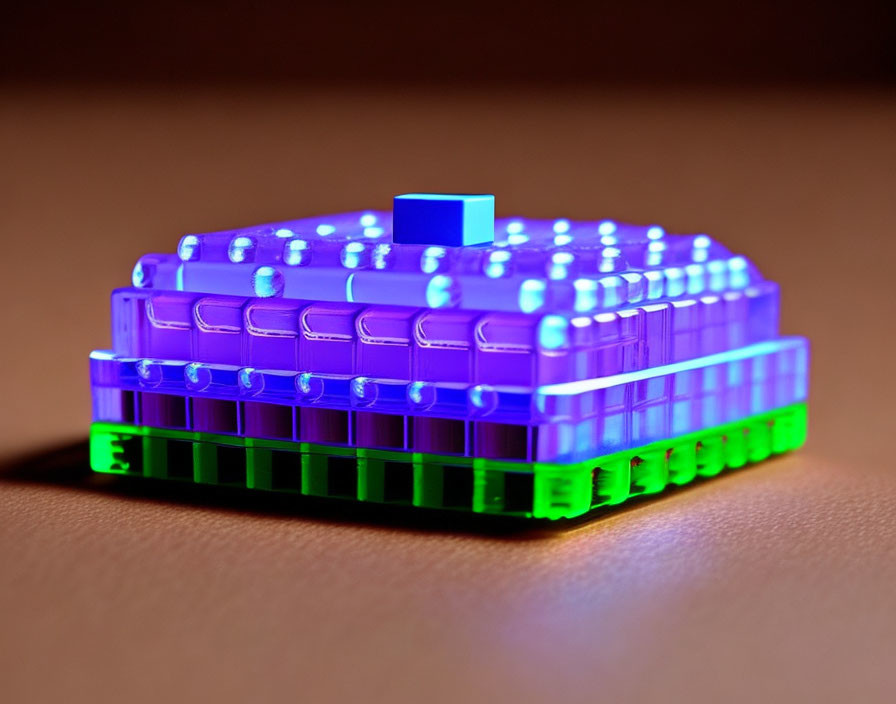 Transparent Colorful Interlocking Plastic Bricks with Blue Piece Emitting Soft Glow