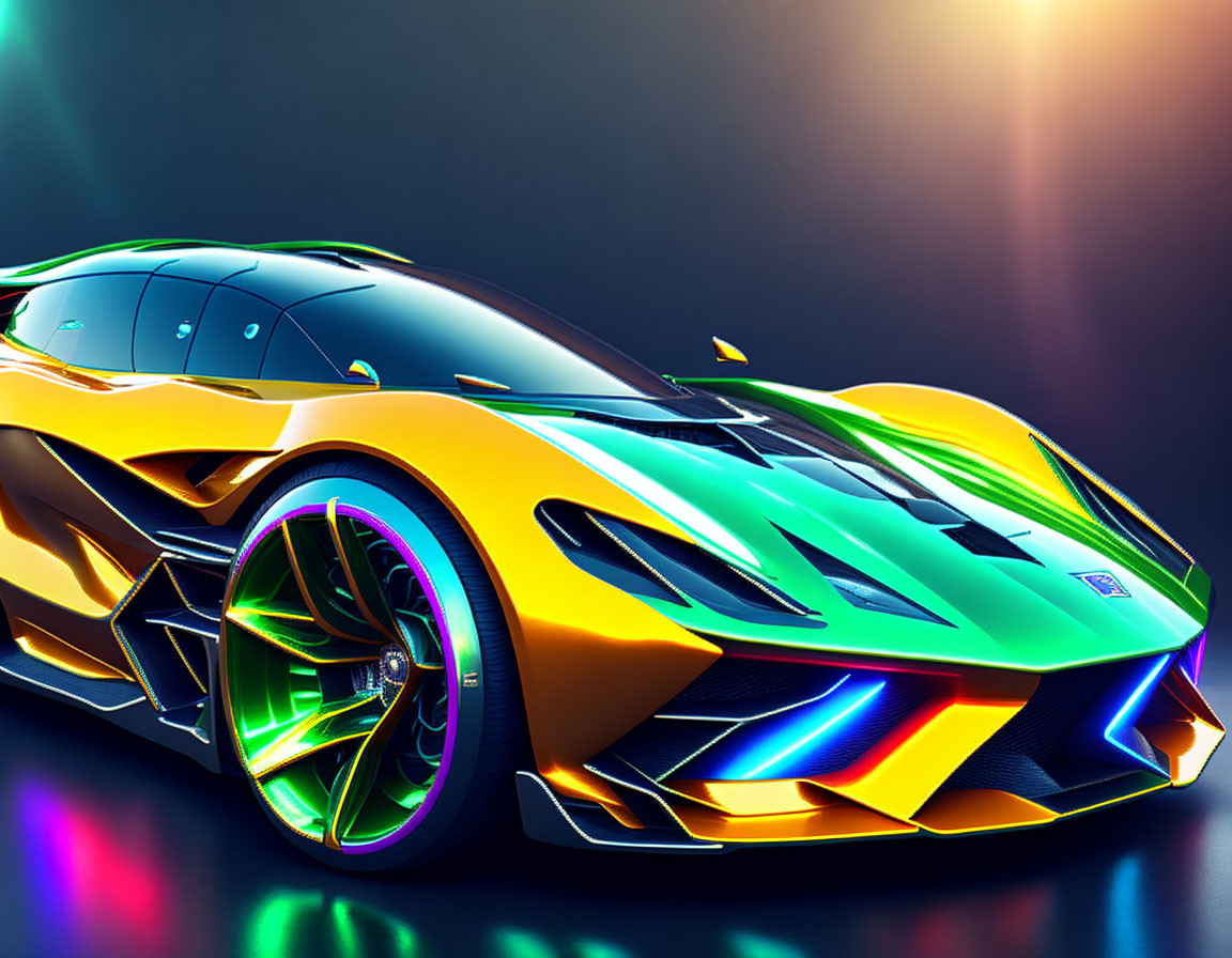 Futuristic neon-lit sports car with angular design & color-shifting paint