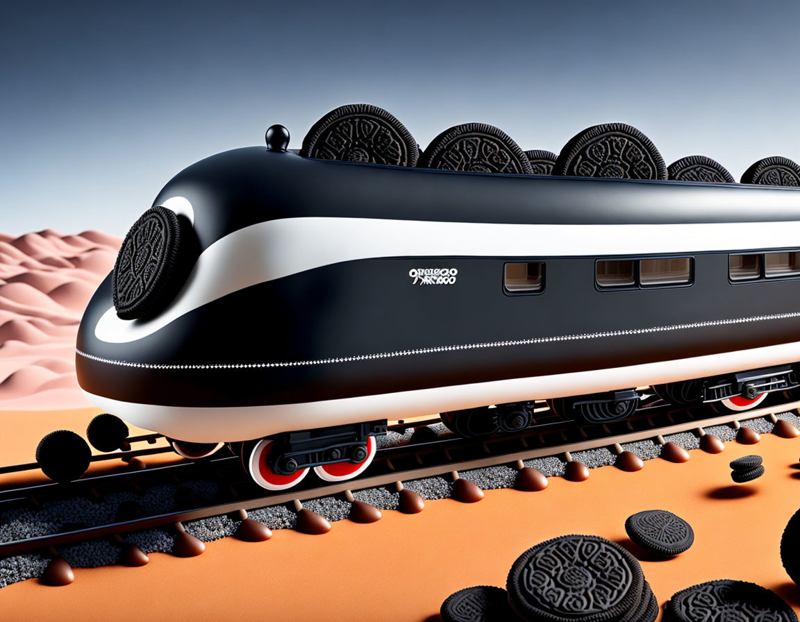 Whimsical train design in desert landscape with Oreo cookies