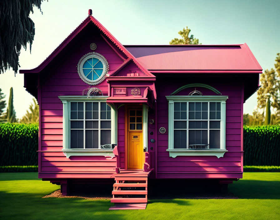 Purple House with Red Roof, Round Attic Window, Yellow Door & Greenery