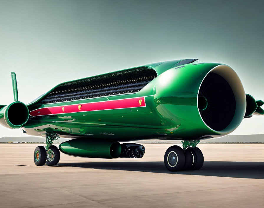 Green-liveried commercial jet with large engines and landing gear