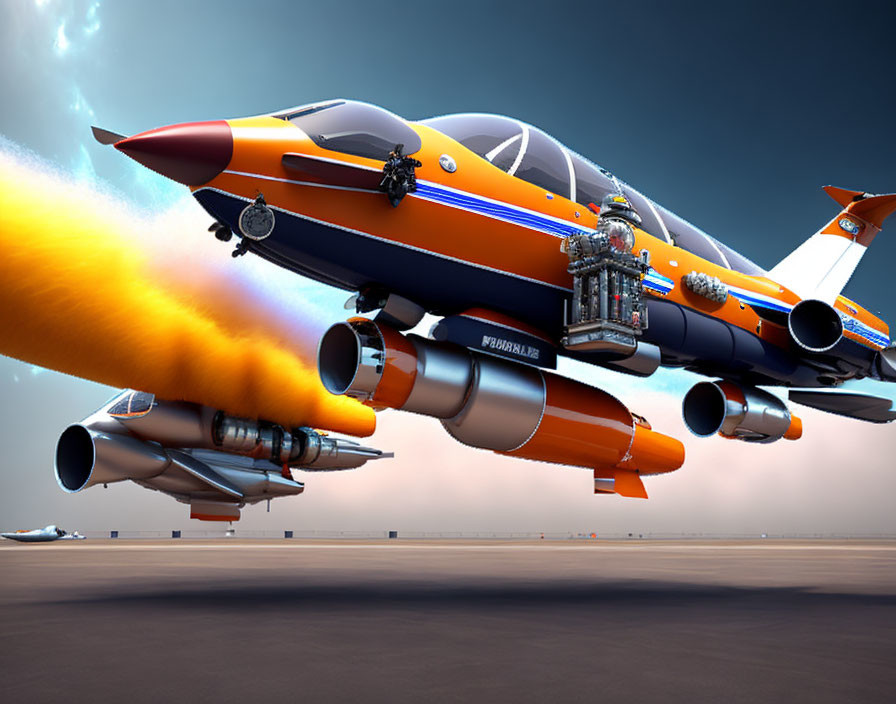 Stylized orange and blue jet with exposed engines in mid-flight