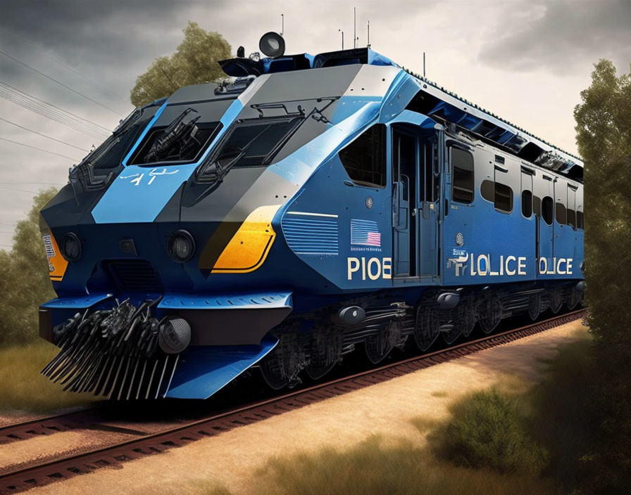 Blue and Yellow Police-Themed Locomotive on Tracks in Natural Setting