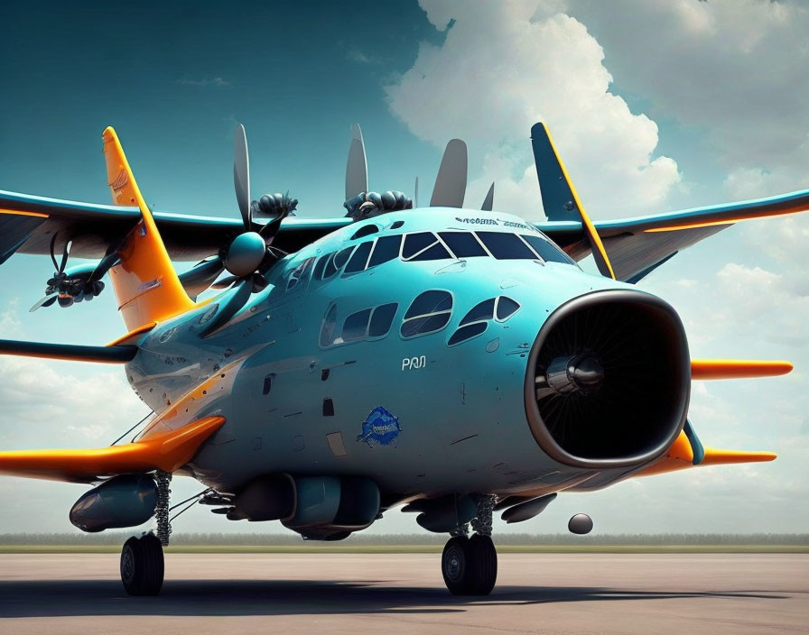 Blue and orange livery turboprop aircraft parked on airport tarmac