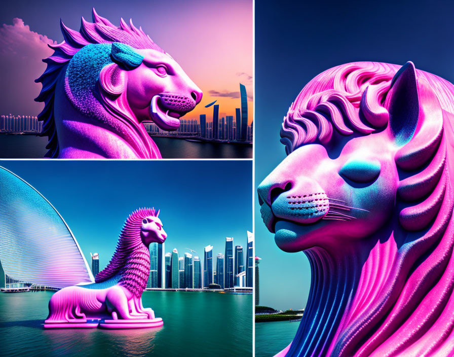 Vibrant collage with giant lion statue, city skyline, and waterfront