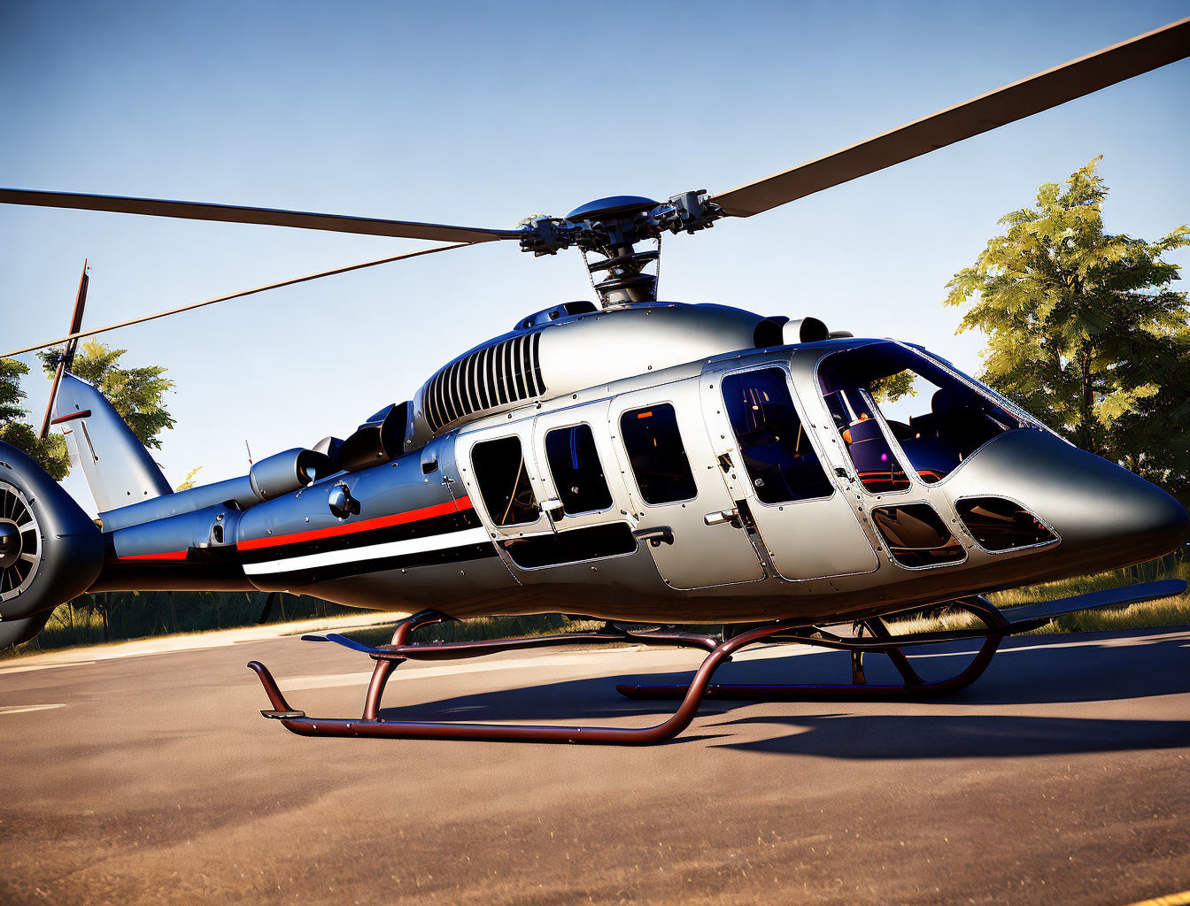 Modern helicopter with open doors on sunny helipad