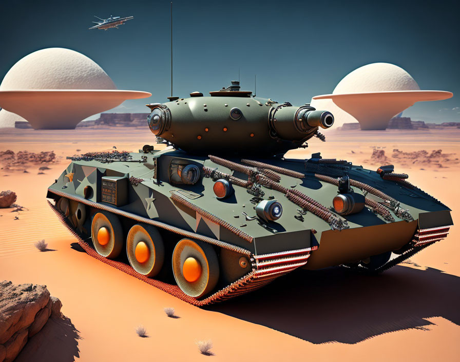 Futuristic military tank with advanced armor in desert landscape