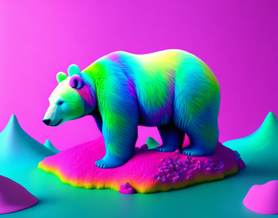 Colorful Rainbow Bear on Pink Platform in Fantasy Setting