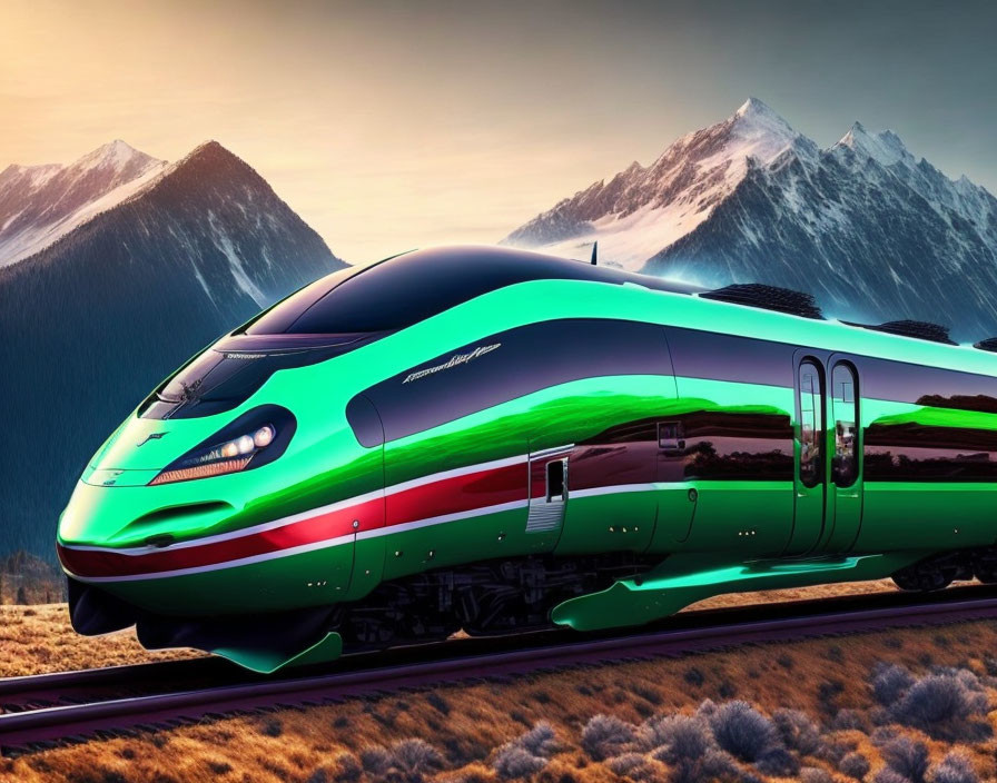 Modern high-speed train with green and red livery in scenic mountain landscape