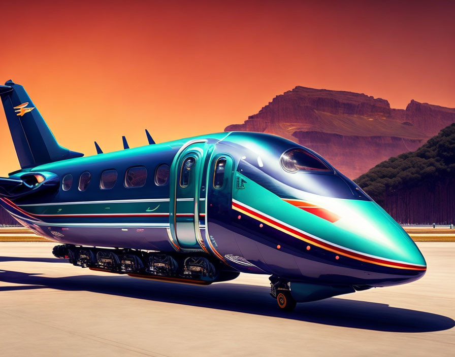 Luxurious Blue and Turquoise Private Jet on Tarmac at Sunset