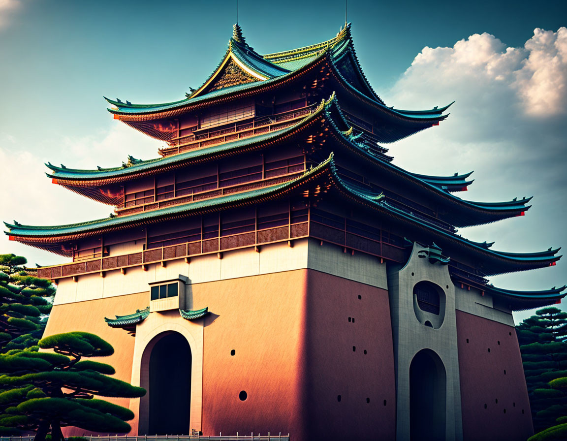 Traditional Asian Palace with Multi-Tiered Roofs and Dramatic Sky