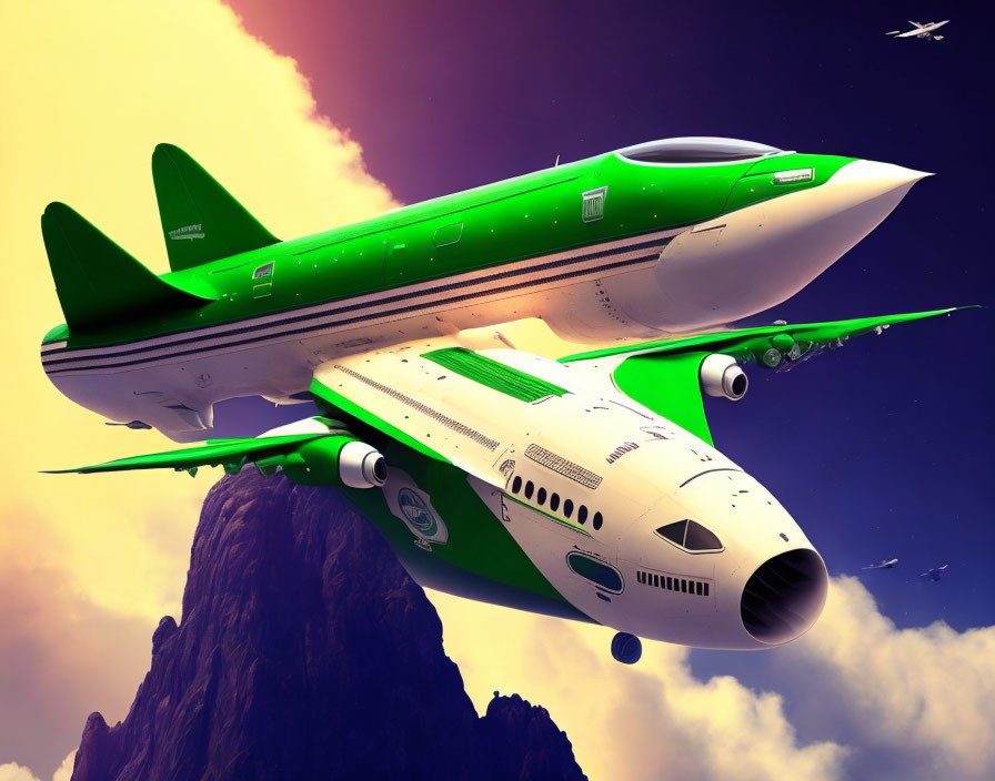 Sleek green and white airplane soaring over purple mountains