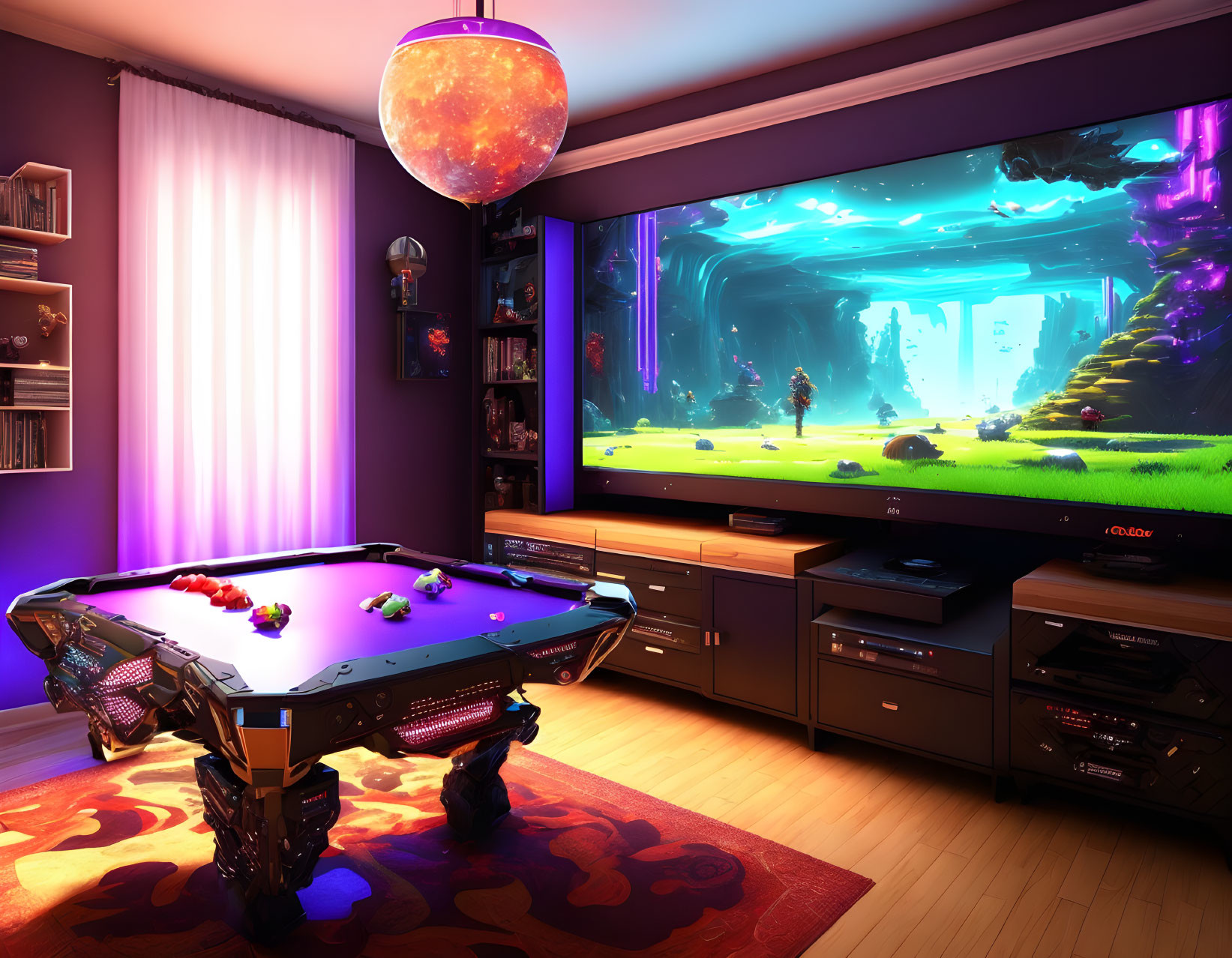 Modern gaming room with high-tech pool table, fantasy game screen, and ambient orb lighting