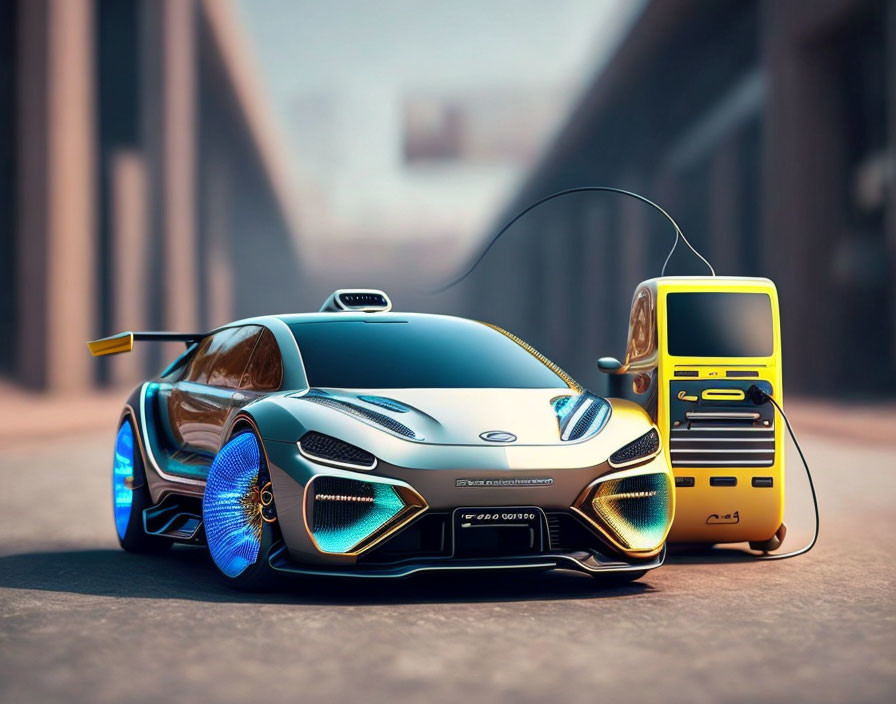 Futuristic sports car with blue lighting next to oversized yellow cassette player in city street