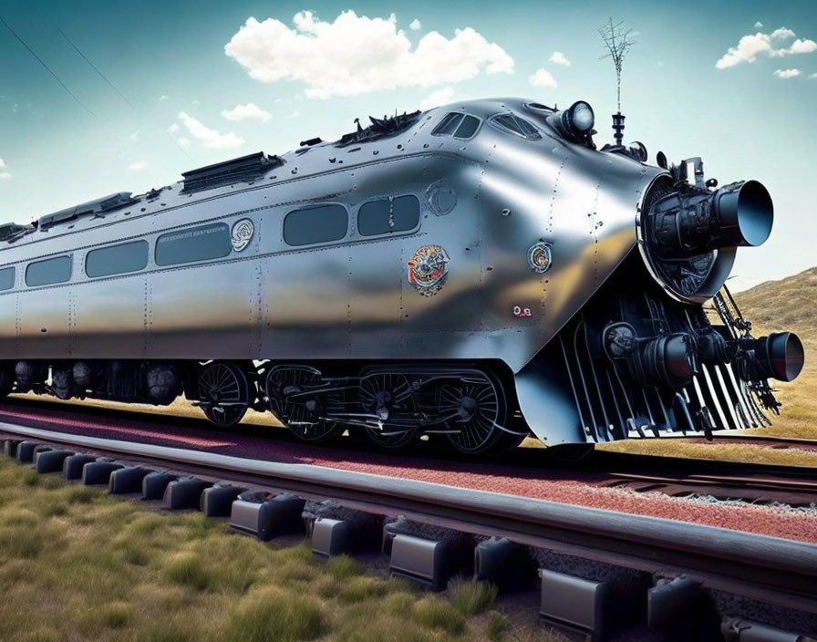 Vintage locomotive on tracks under clear sky and grassy terrain