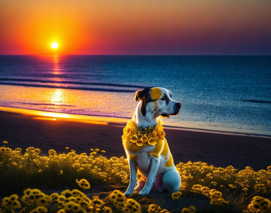 Yellow Flower Lei Dog on Sunset Beach with Ocean Horizon Glow