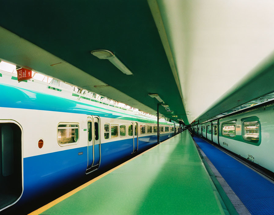 Bright station platform with two trains and green floor seating