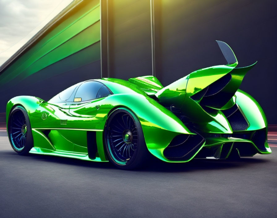 Sleek green sports car with aerodynamic design and black rims parked on asphalt