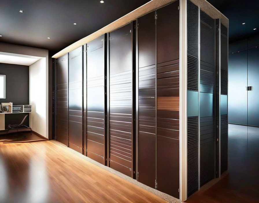 Sleek Dark Wooden Sliding Doors and Minimalist Desk Setup in Modern Room