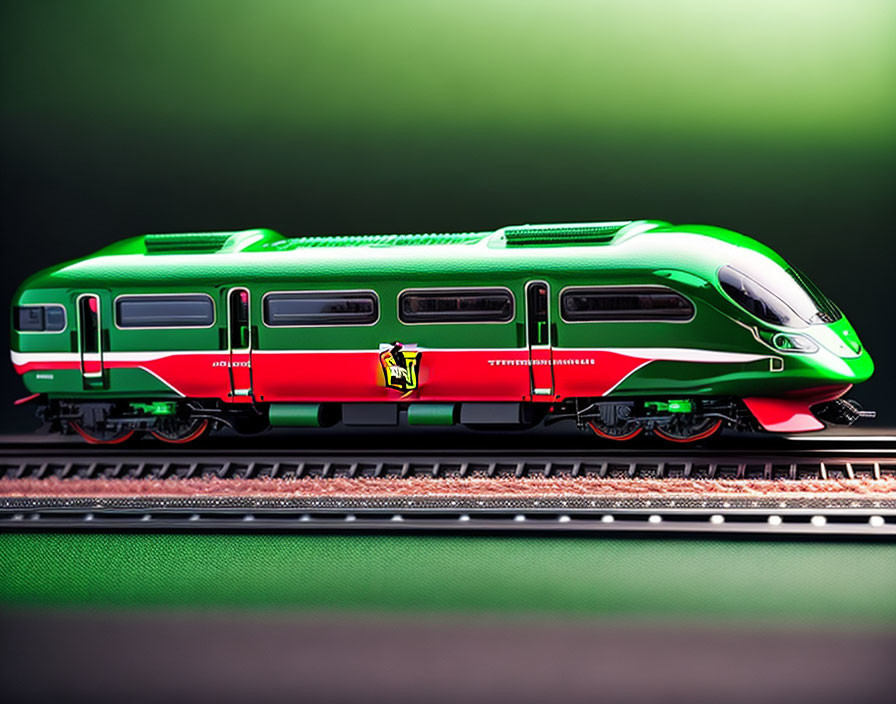 Modern green and red train model on tracks with sleek design against green background.