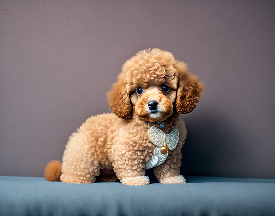 Apricot Toy Poodle with Curly Fur and Bone-Shaped Tag on Grey Background