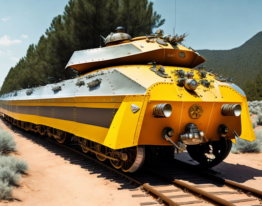 Armored train with turrets on railroad tracks in pine forest