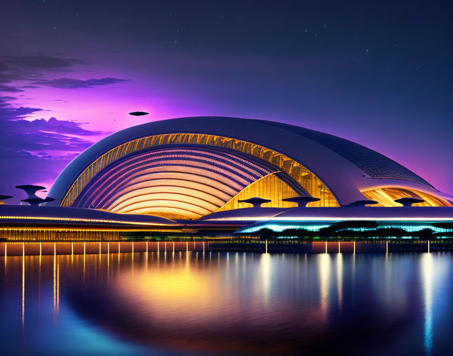 Illuminated modern building reflecting on calm water at twilight