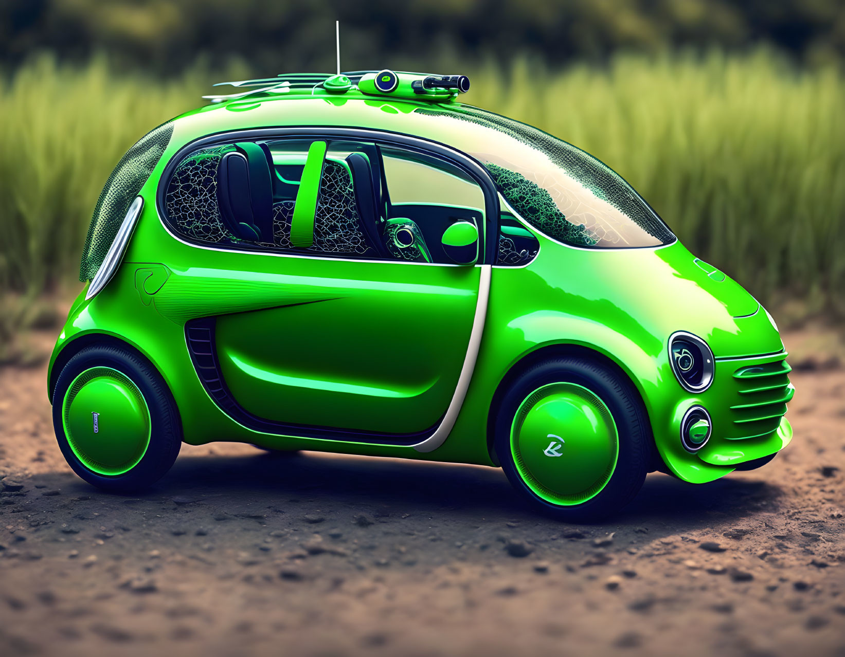 Futuristic Green Compact Car with Transparent Dome and Circular Designs