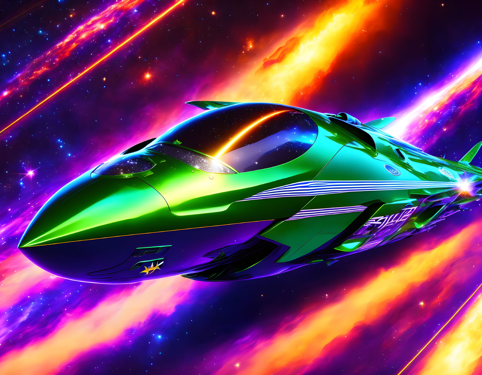 Futuristic green spaceship in neon-lit space