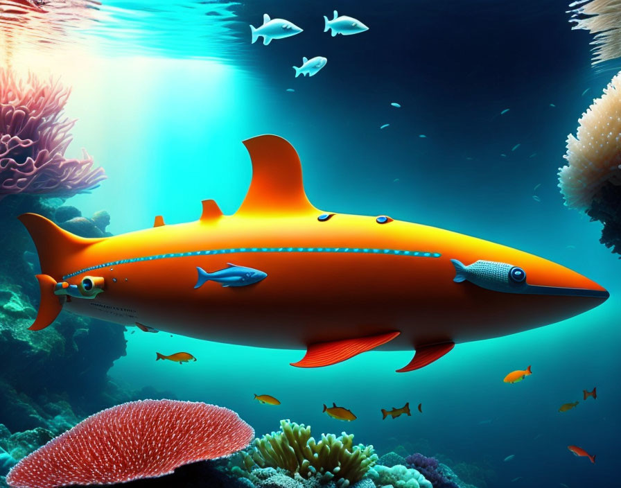 Colorful Cartoon Orange Submarine in Vibrant Underwater Scene