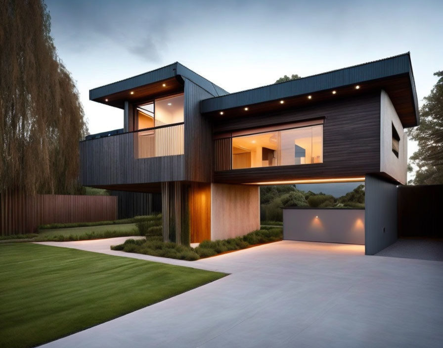 Contemporary two-story house with wood and metal cladding and large windows at dusk