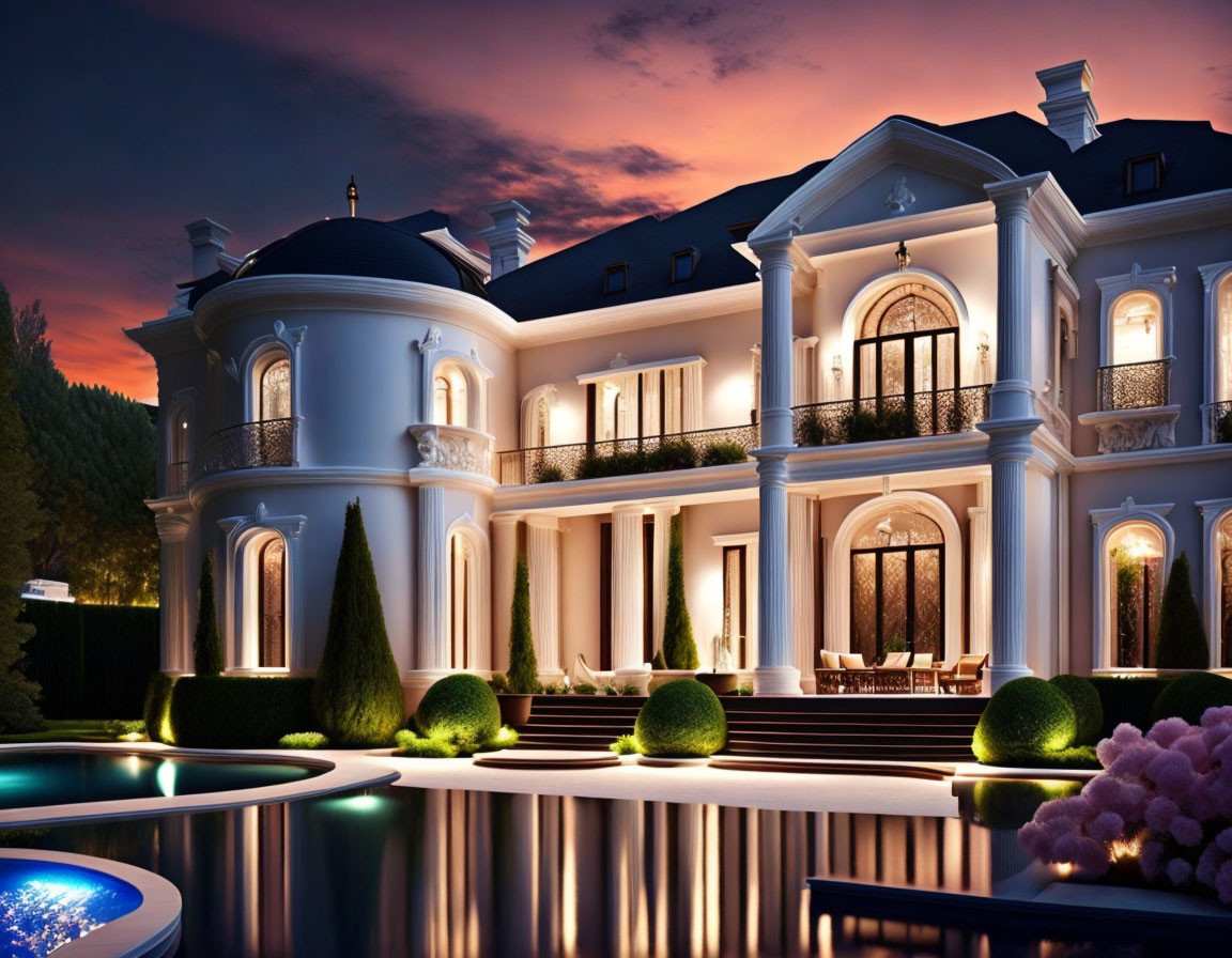 Luxurious mansion with pool, gardens, and columns at dusk