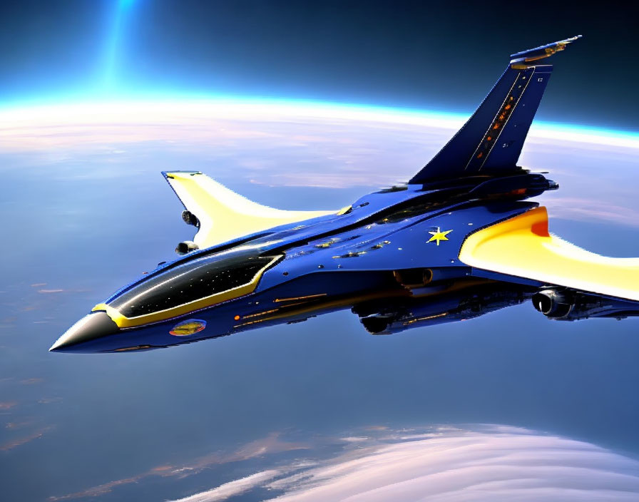 Blue and Yellow Fighter Jet Flying High with Earth's Horizon and Space Background