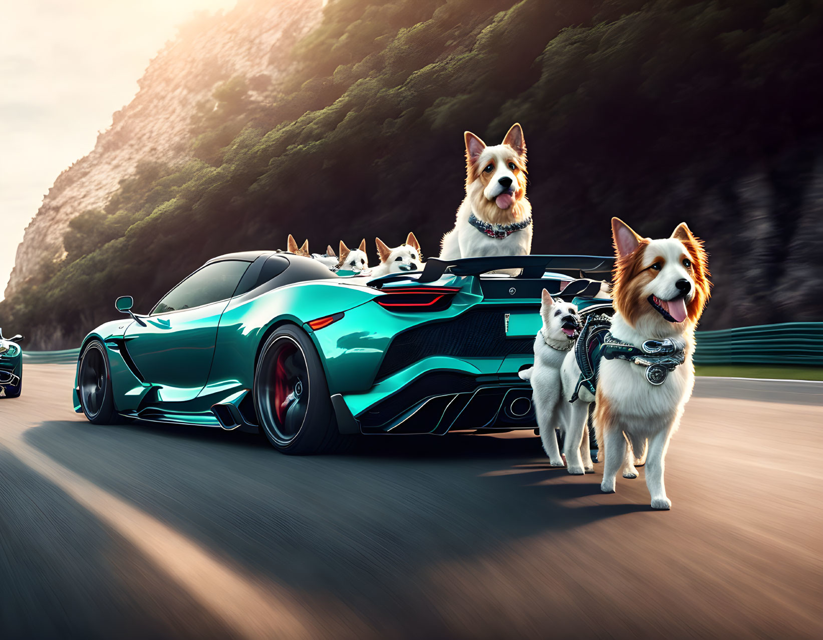 Digitally altered image: Dogs in green sports car on mountain road