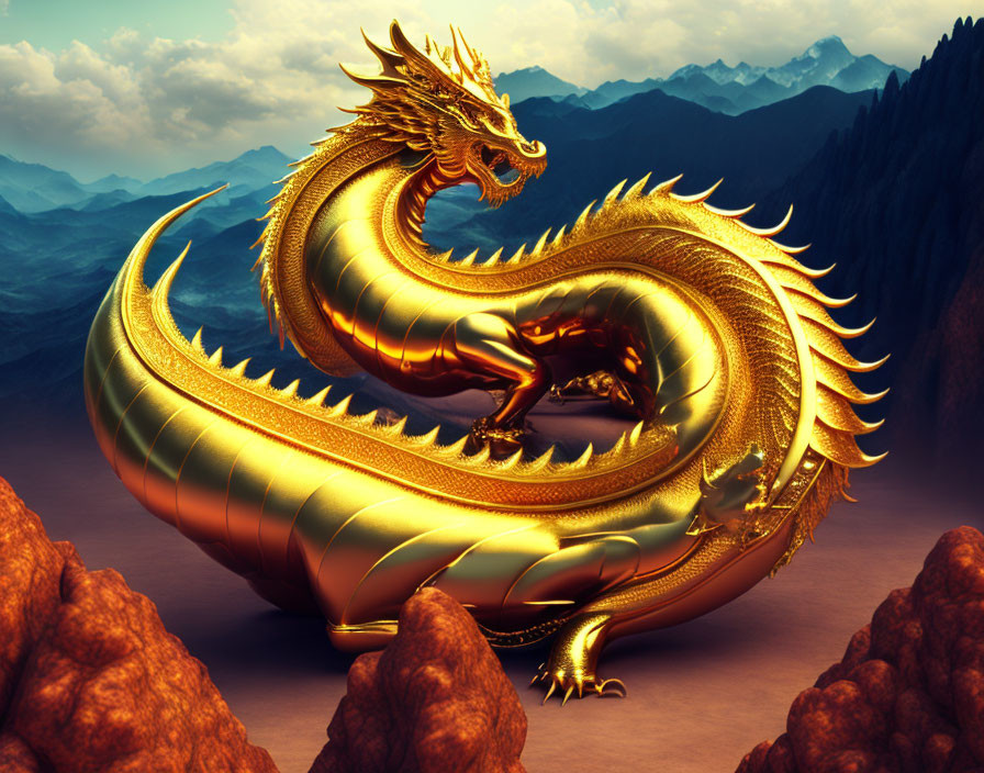 Majestic Golden Dragon Coiled on Rocky Terrain Amid Towering Mountains