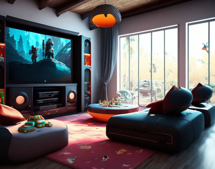 Modern Living Room with Large TV, Comfortable Seating, Toys, & Large Windows