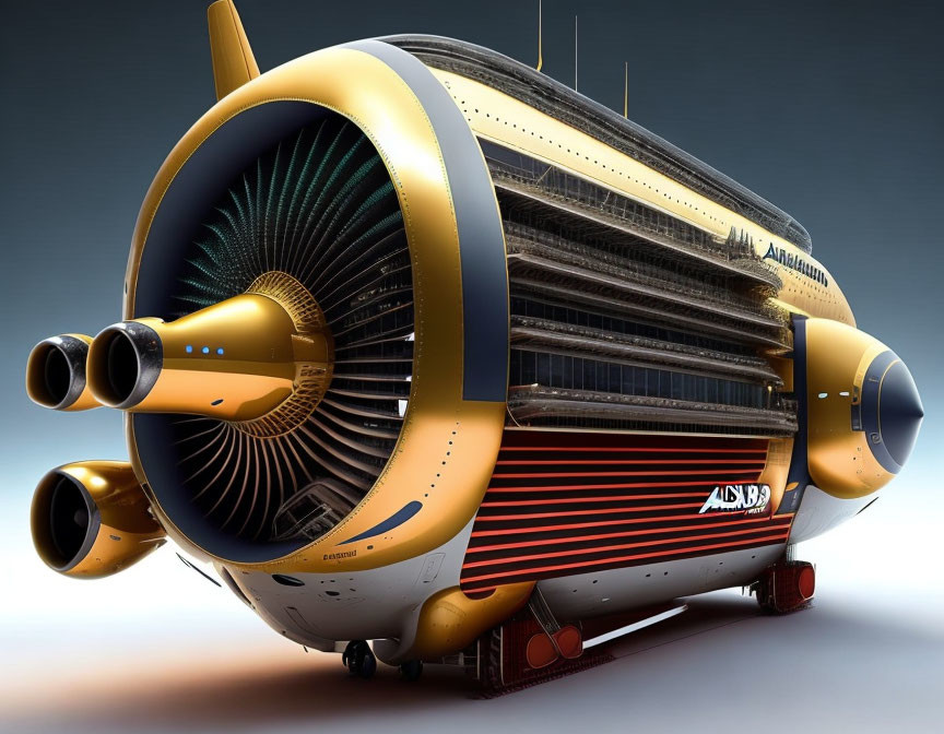 Futuristic aircraft with oversized engines and gold-blue design against gradient background